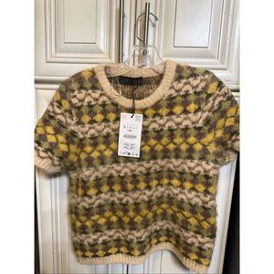Zara Women Brushed Effect Jacquard Knit Short Sleeve Sweater Green Tan Small NWT